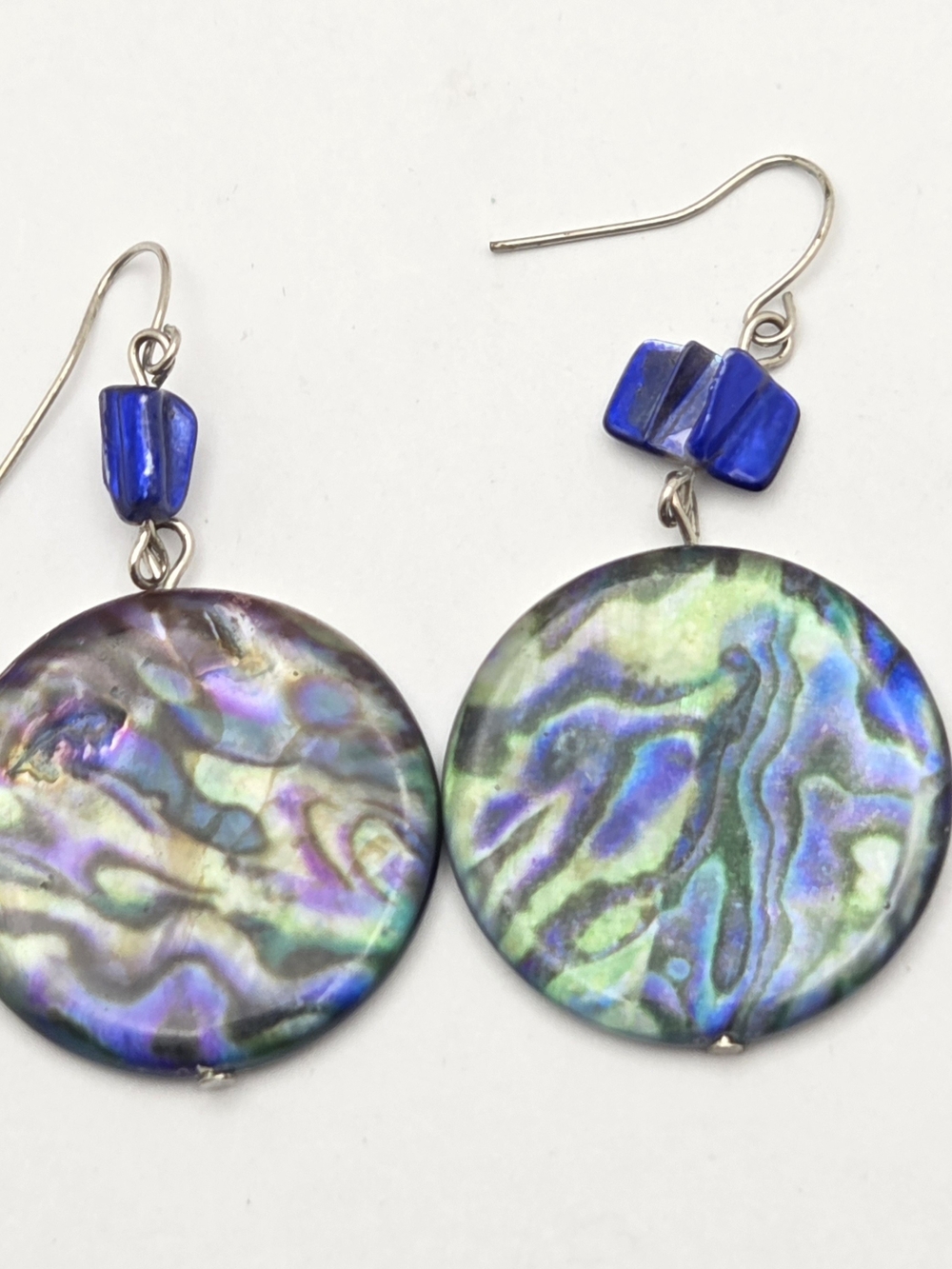 Iridescent Abalone Disc Drop Earrings with Cobalt Bead Accent